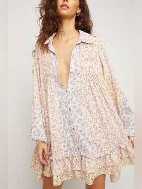 Free People Lost in You Tunic Floral Ruffled Boho Mini Dress in Lavender Cream